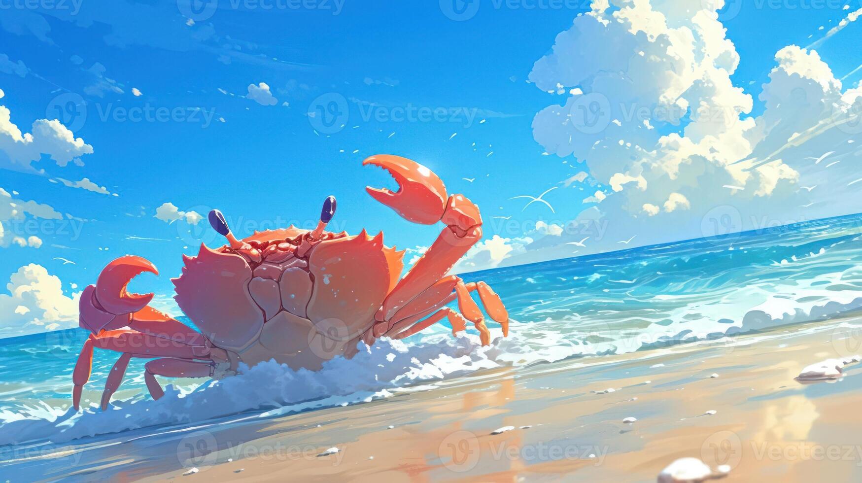 Vibrant crab emerging from ocean waves on a sunny beach with fluffy clouds above photo