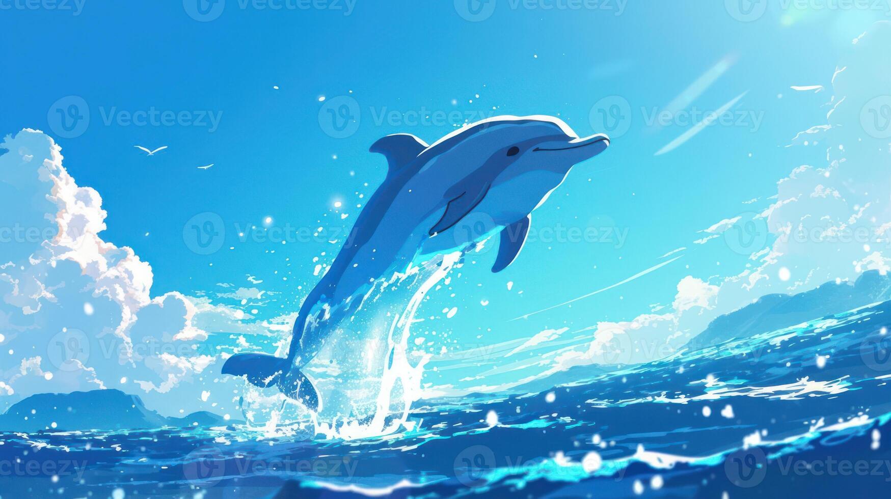A playful dolphin leaps joyfully above the sparkling ocean waves under a bright blue sky photo