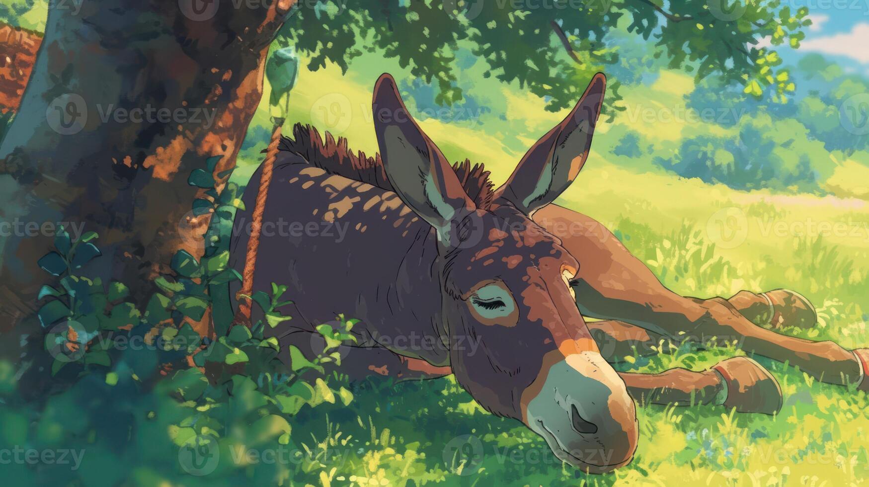 Peaceful donkey resting under a tree in a vibrant green meadow with a serene landscape photo
