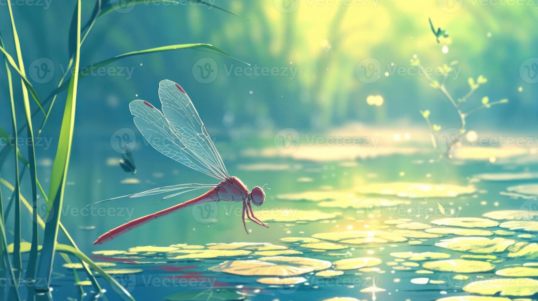 A vibrant dragonfly hovering over a serene pond surrounded by lush greenery and soft light photo