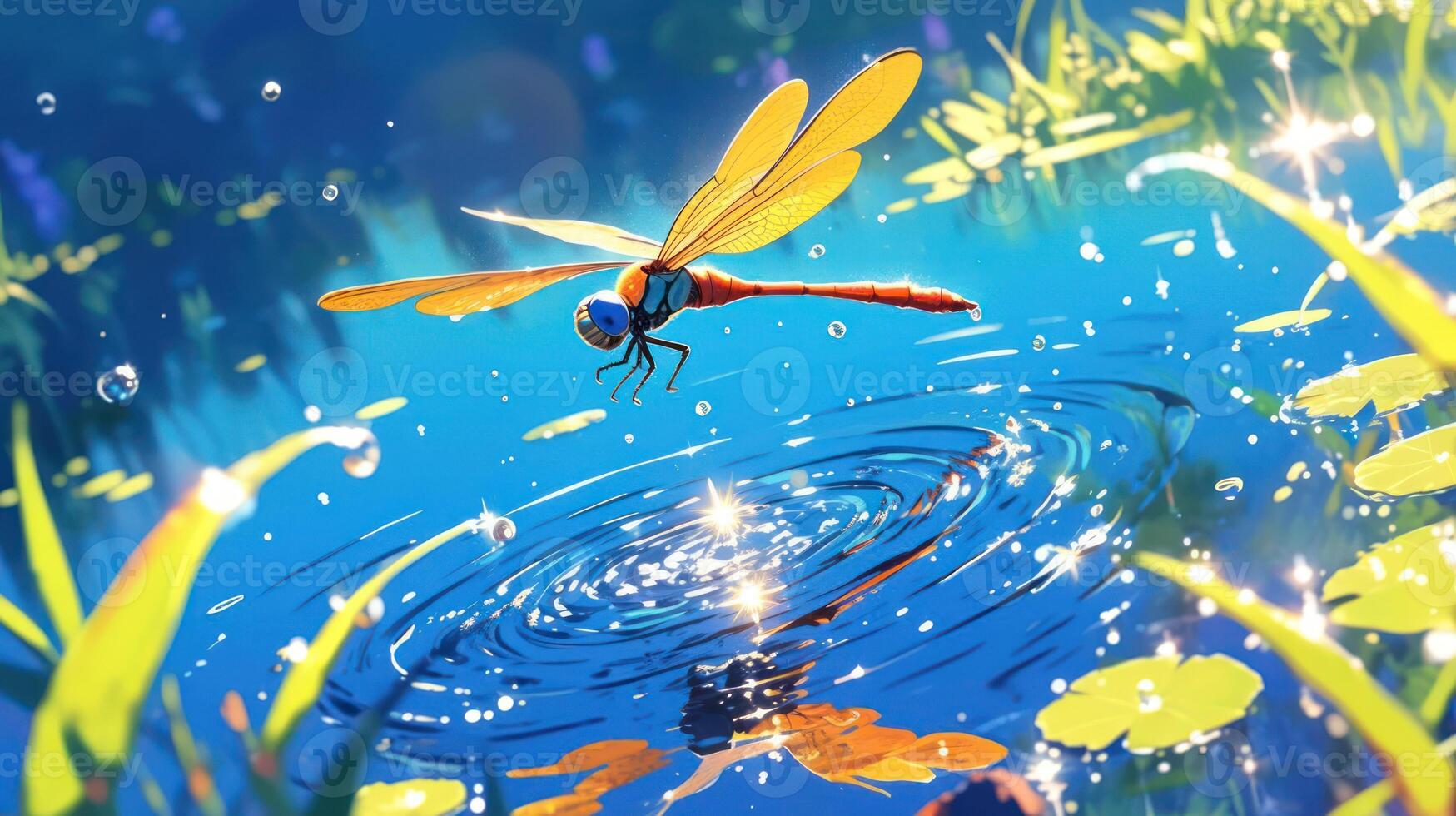 Vibrant dragonfly hovering over a shimmering pond surrounded by lush greenery and sparkling water photo