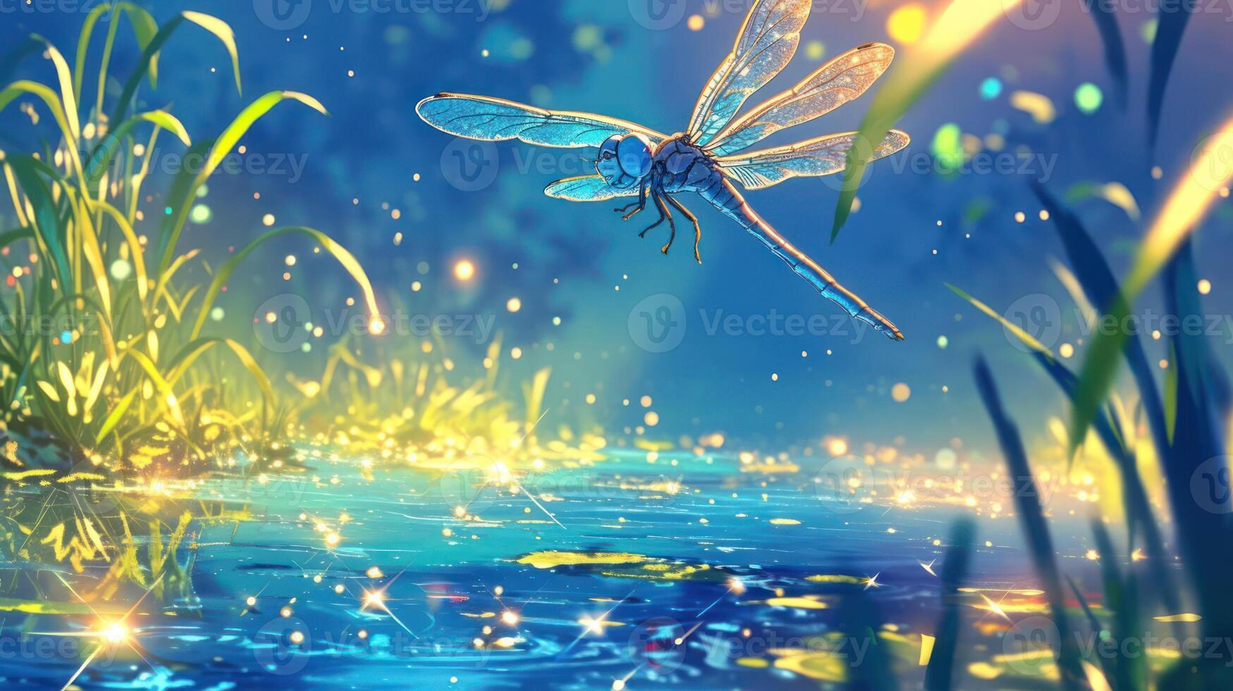 A vibrant dragonfly gracefully hovers above a sparkling pond surrounded by lush greenery photo