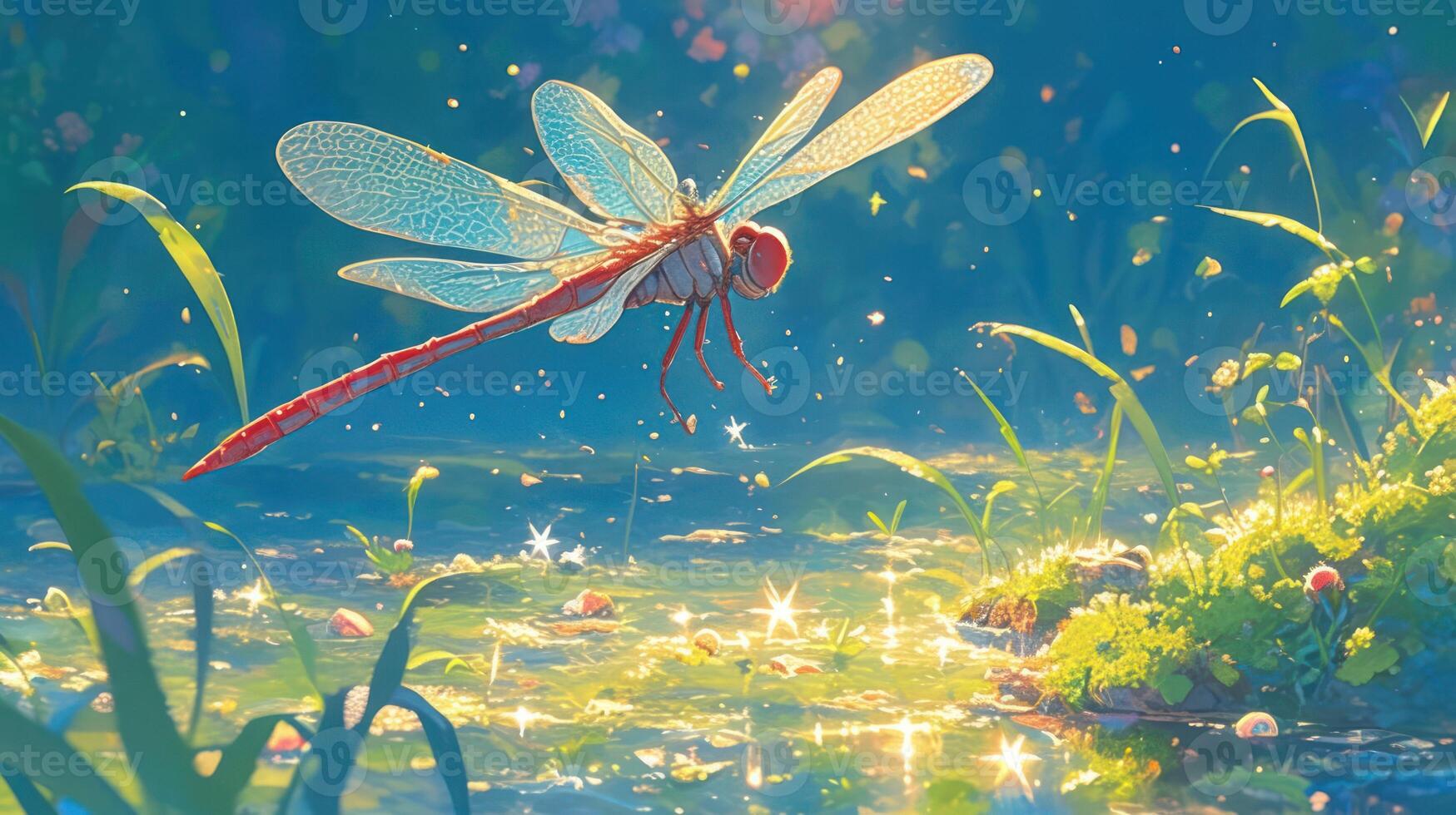 A vibrant dragonfly hovering above a sparkling pond surrounded by lush greenery and sunlight photo