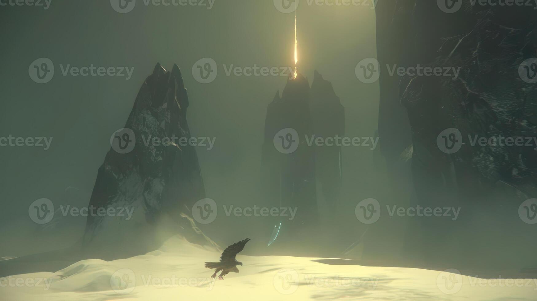 Majestic eagle soaring over a snow-covered landscape with towering mountains and a glowing spire photo