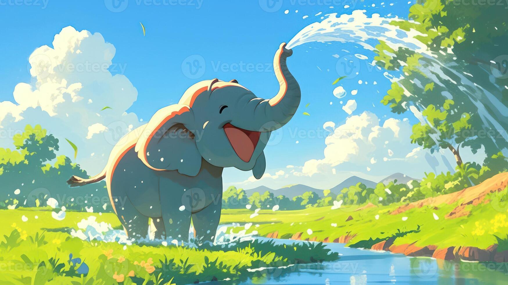 Happy elephant splashing water in a sunny landscape with lush greenery and mountains in the background photo