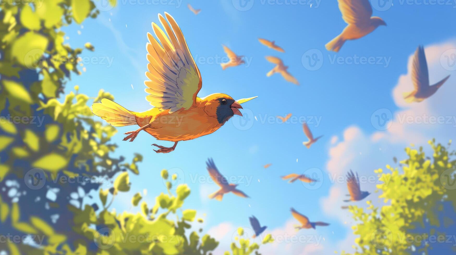 Vibrant scene of a yellow bird soaring through a bright sky amidst a backdrop of lush green foliage photo