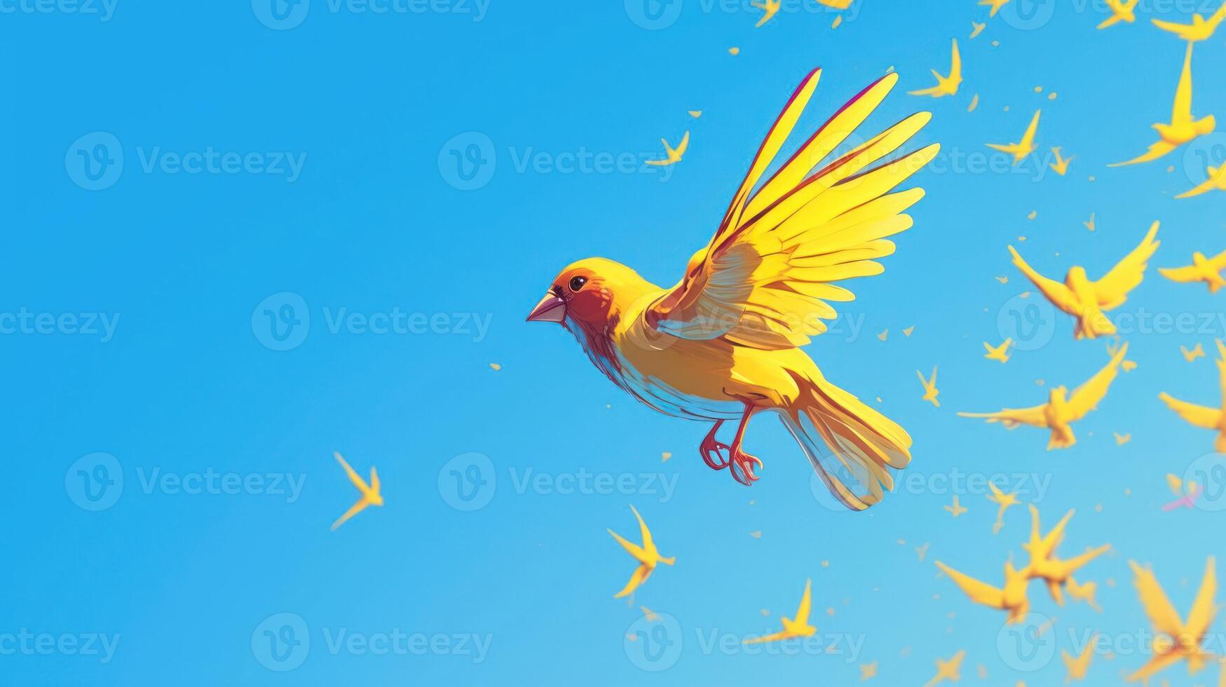 Vibrant yellow bird soaring through a clear blue sky with a flock of smaller birds in the background photo