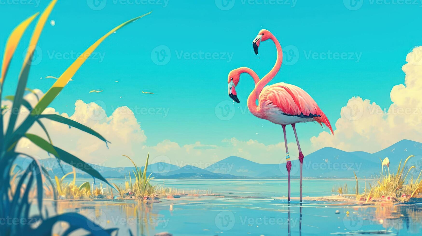Two elegant flamingos wading in a serene lake surrounded by lush greenery and mountains photo