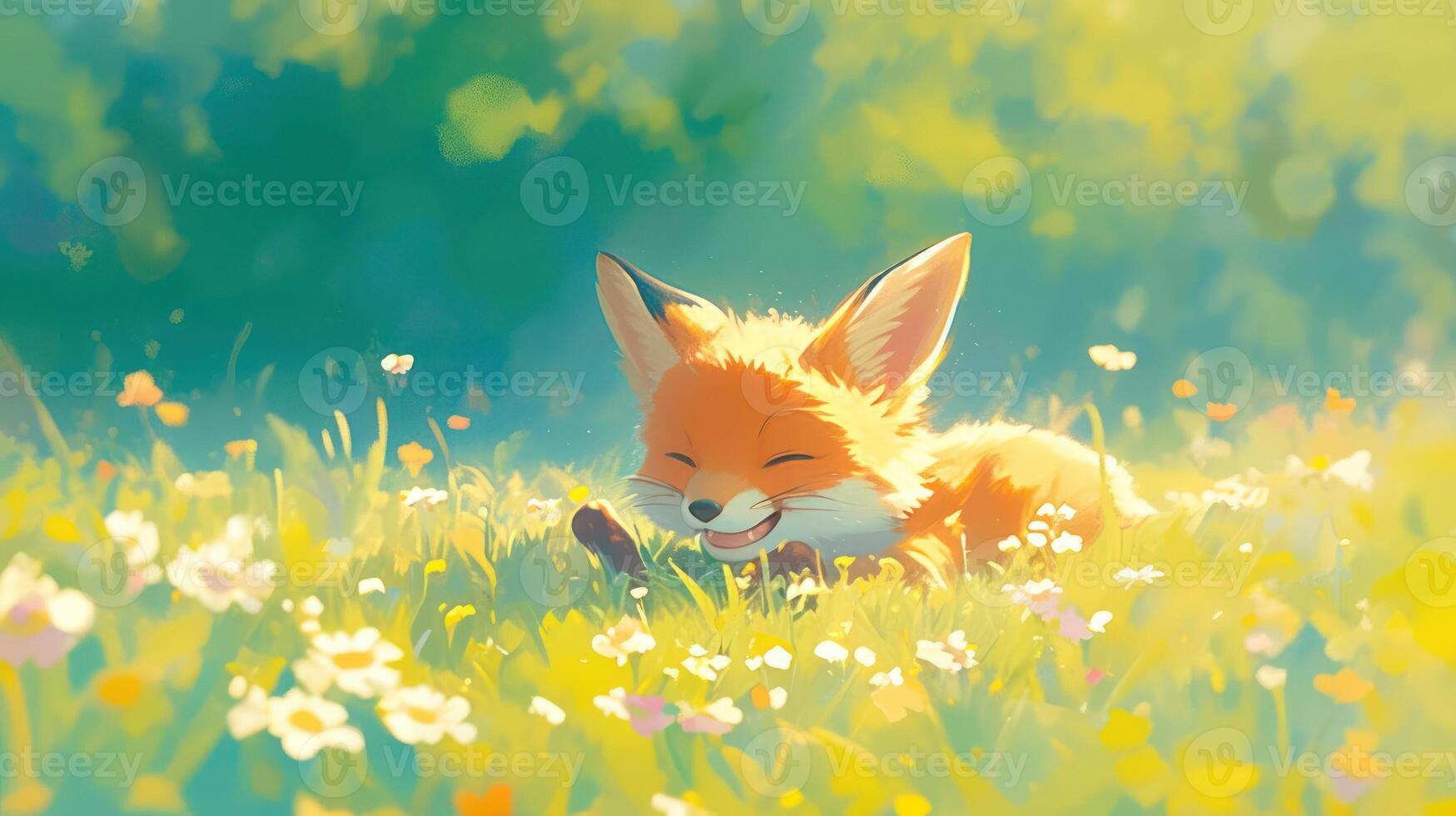 A cheerful fox lounging in a sunlit meadow filled with colorful flowers and greenery photo