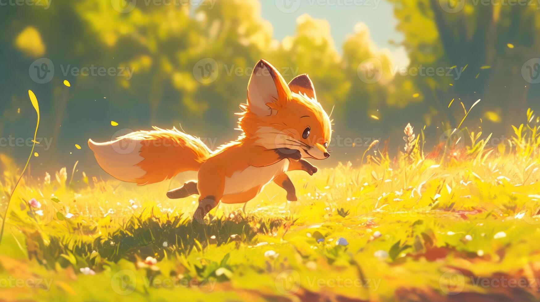Playful fox cub frolicking through a sunlit meadow filled with wildflowers and greenery photo