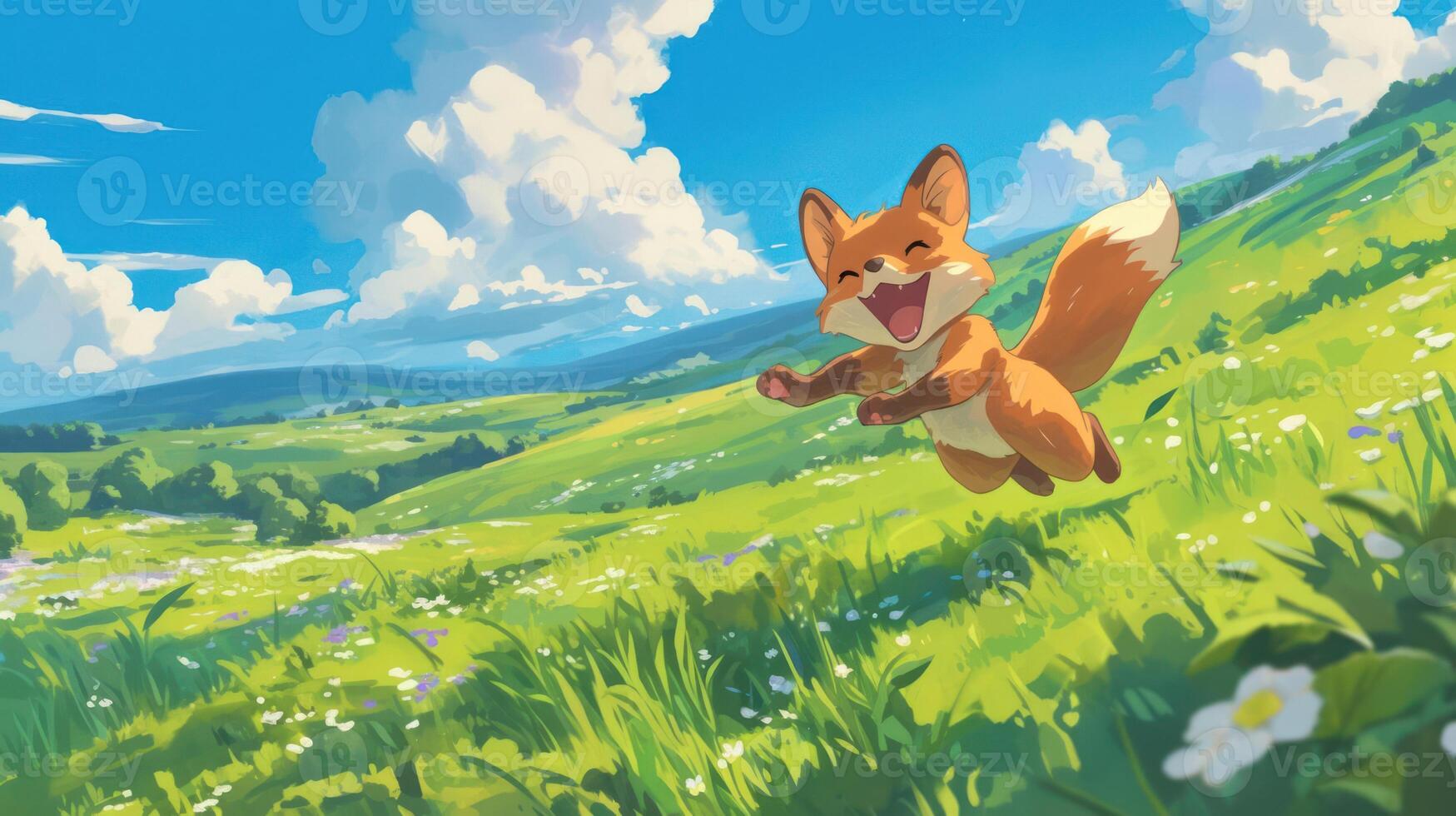 Cheerful fox leaping through vibrant green meadow under bright blue sky with fluffy clouds photo