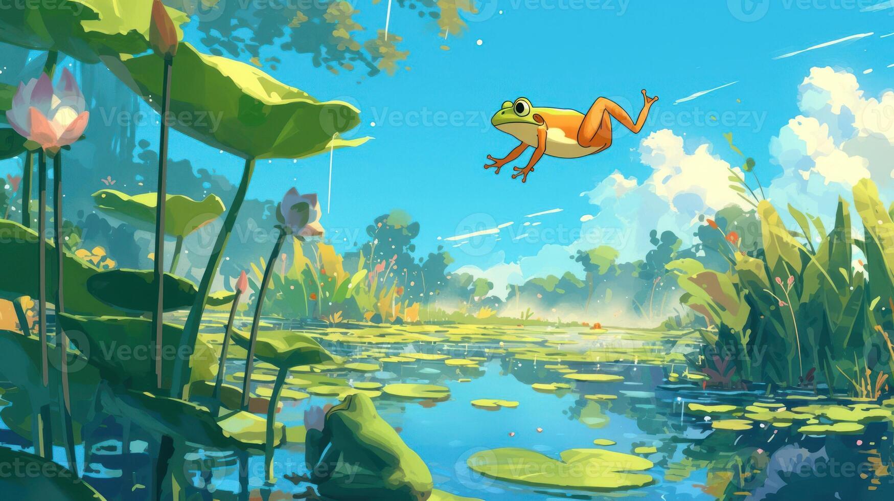 Colorful frog leaps over a serene pond surrounded by lush greenery and blooming lilies photo