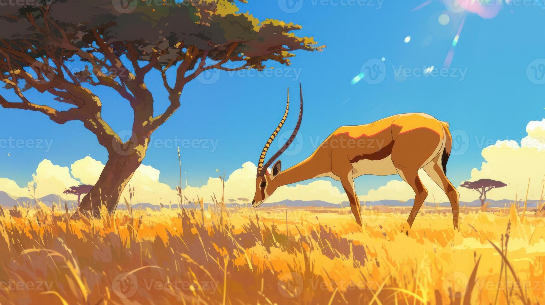 A serene depiction of an antelope grazing in a vibrant savanna under a clear blue sky photo