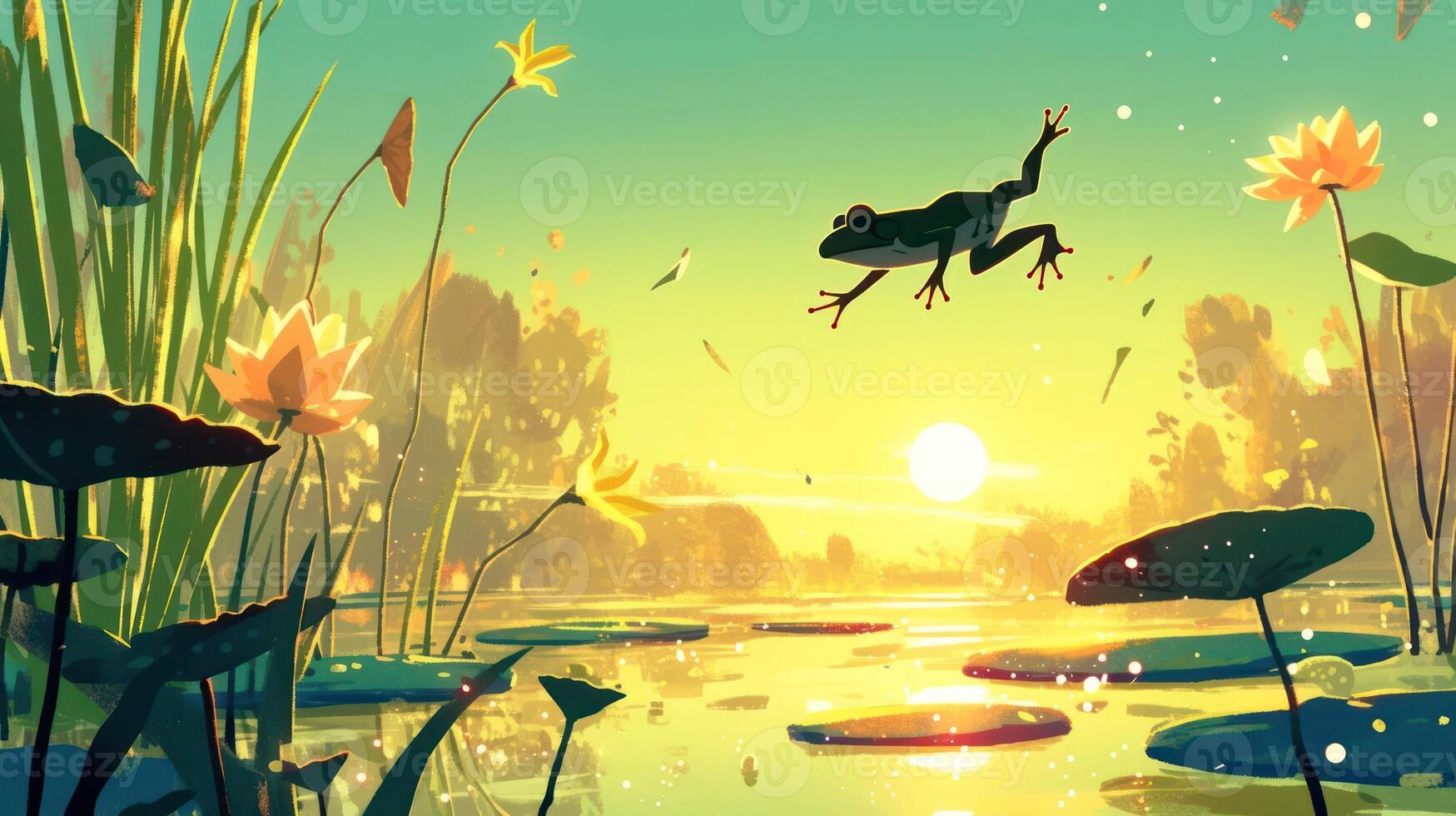 A vibrant green frog leaps over a serene pond at sunset, surrounded by blooming lilies and tall grass photo