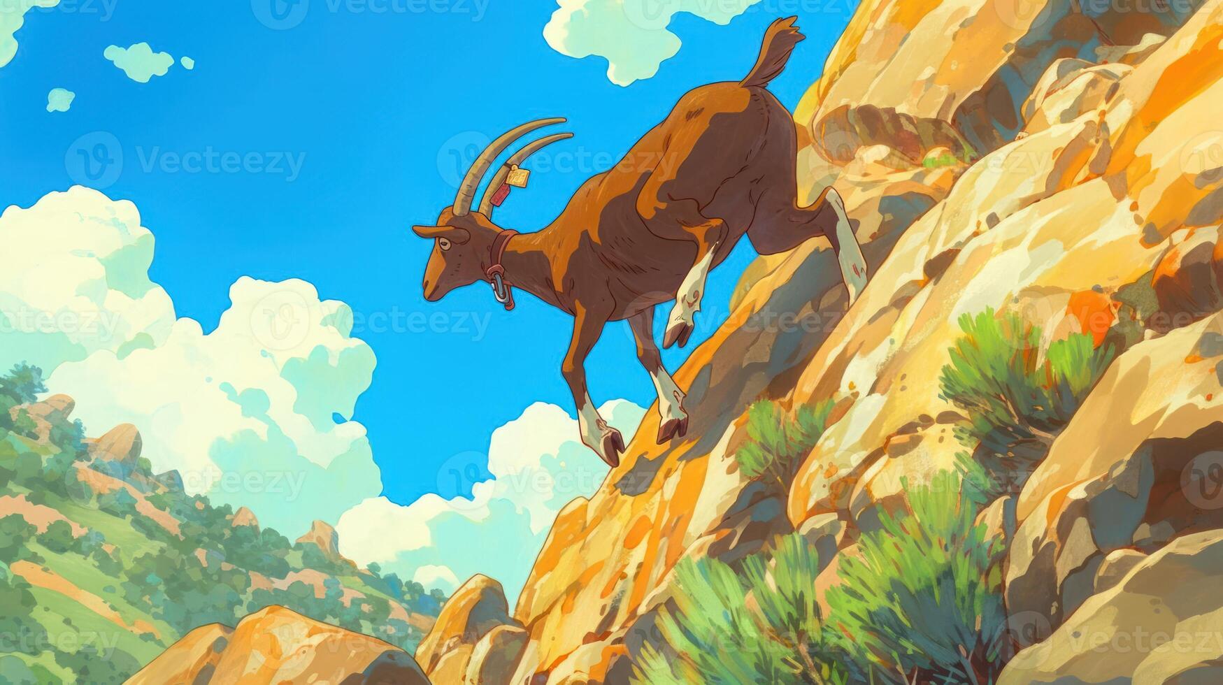 Mountain goat gracefully navigating rocky terrain under a bright blue sky with fluffy clouds photo