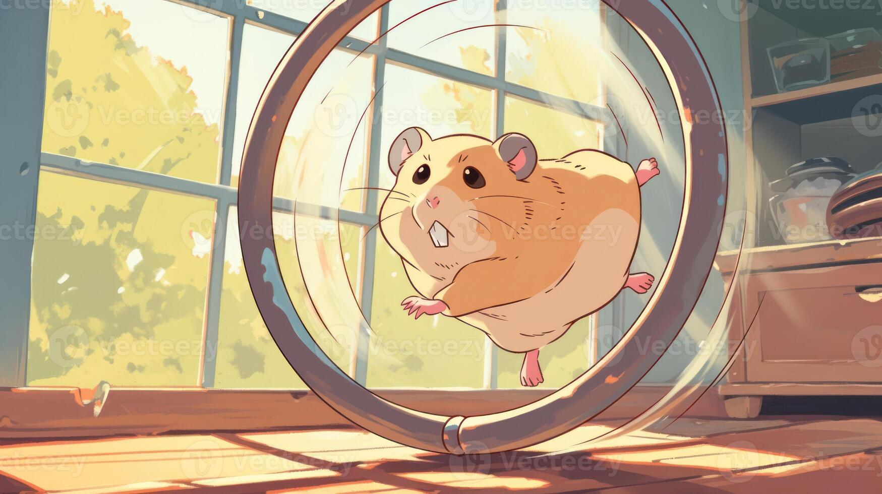 A playful hamster running energetically in a wheel inside a cozy, sunlit room photo