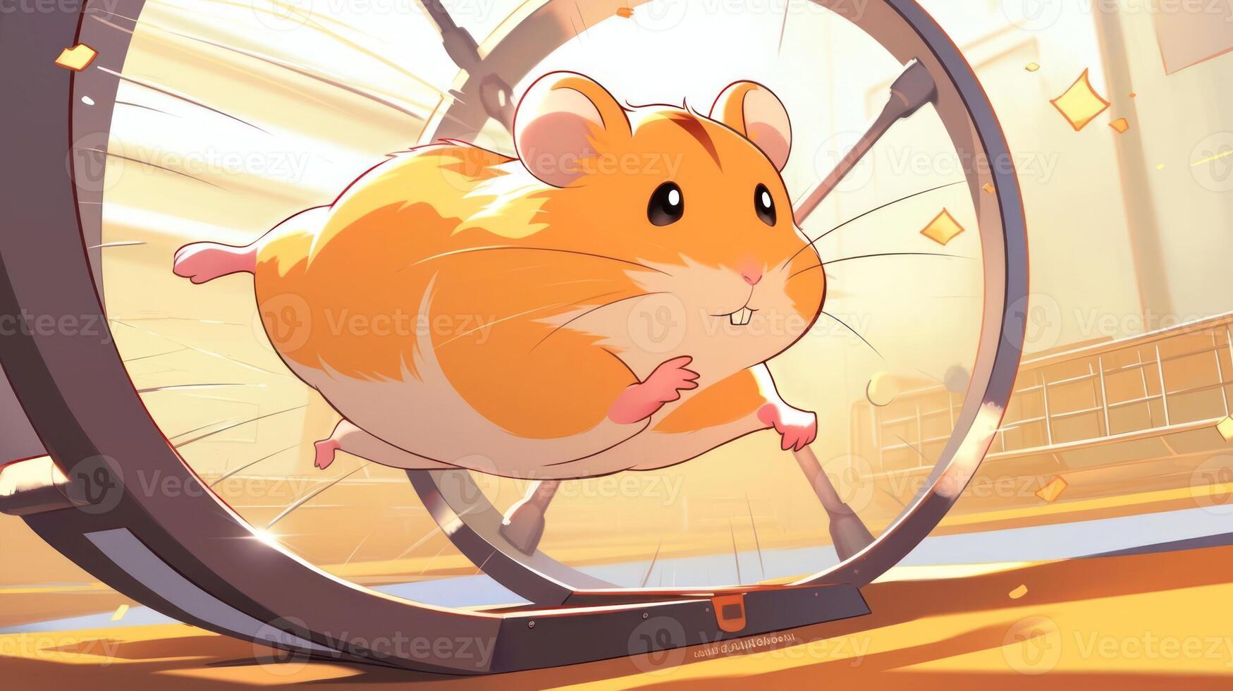 Energetic hamster running on a wheel in a bright room with playful elements and sunlight photo