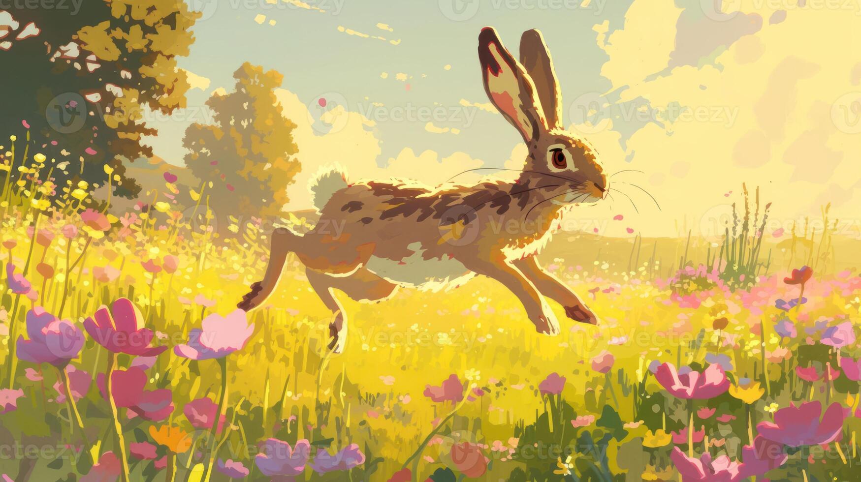 A lively rabbit leaps through a vibrant meadow filled with colorful flowers during sunset photo