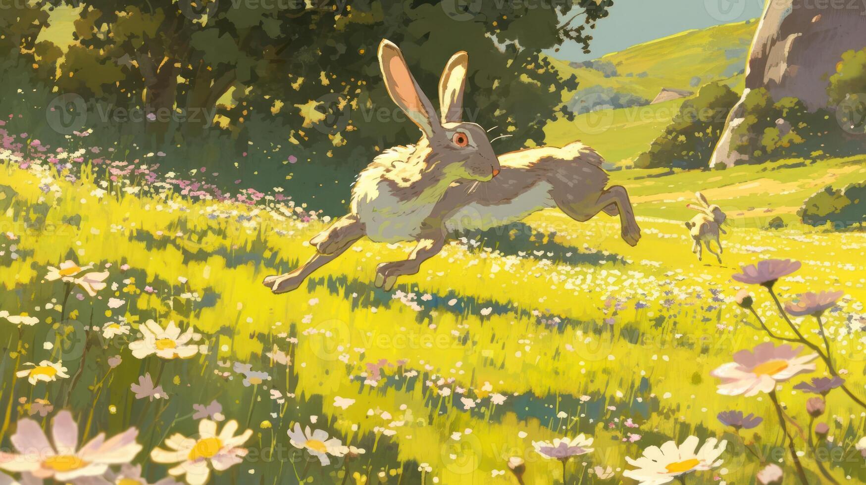 A joyful rabbit leaps through a vibrant meadow filled with wildflowers under a sunny sky photo