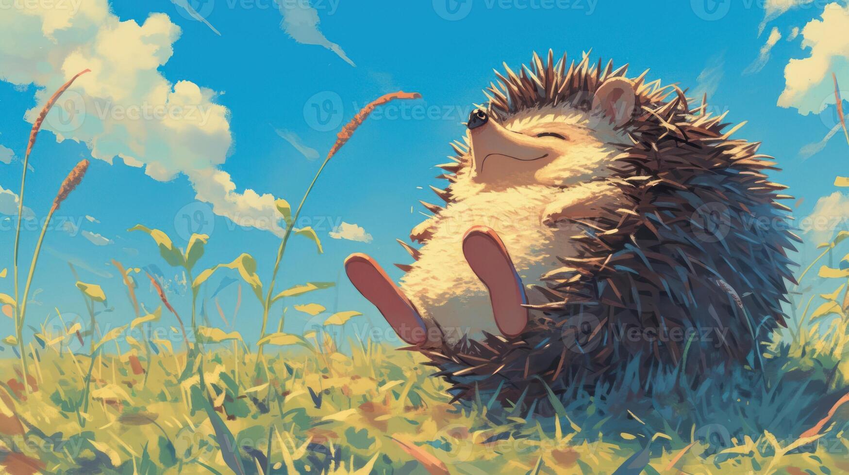 A relaxed hedgehog enjoying a sunny day in a vibrant meadow with gentle clouds above photo