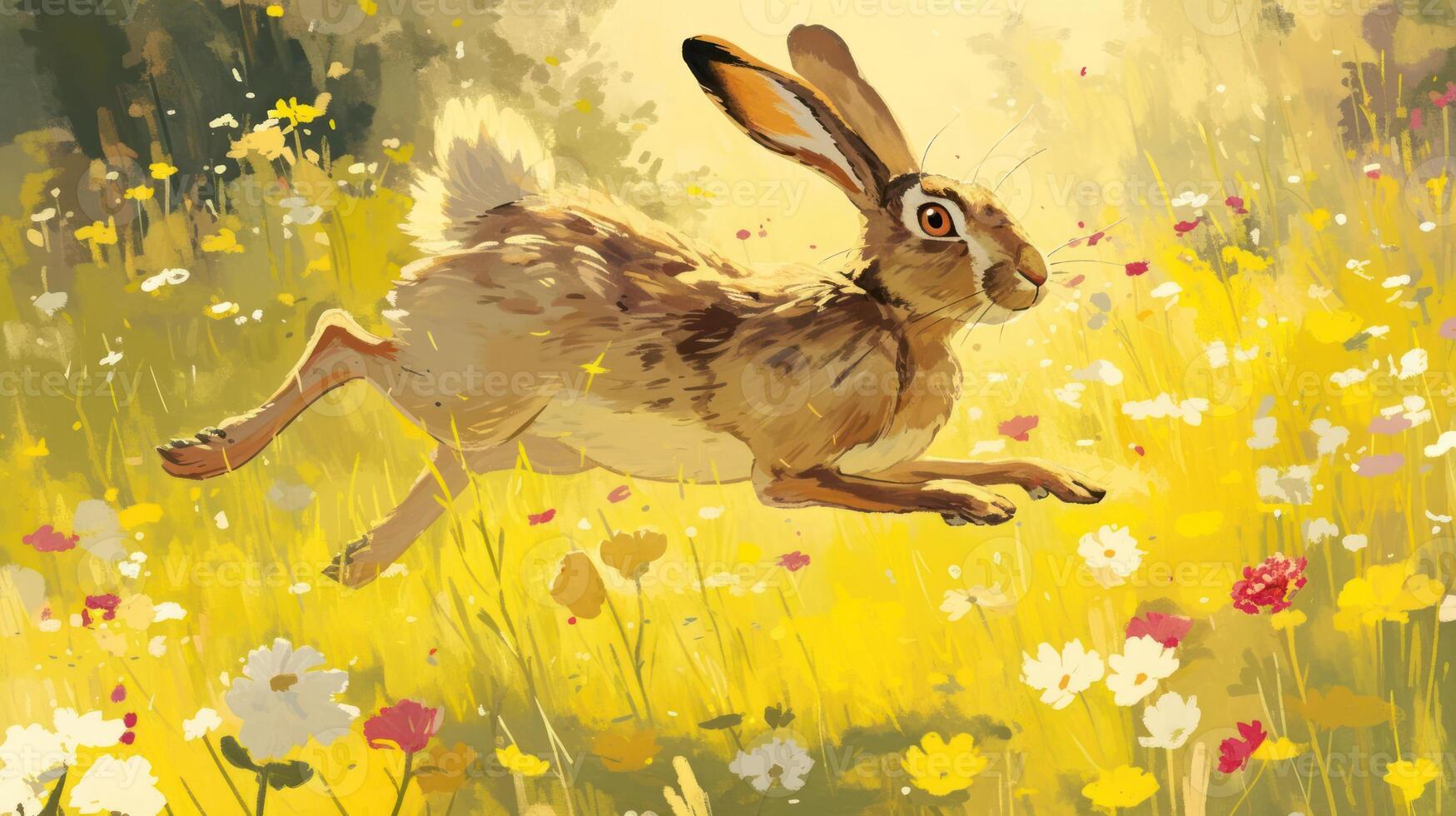 A lively rabbit leaps through a vibrant meadow filled with colorful wildflowers under sunlight photo