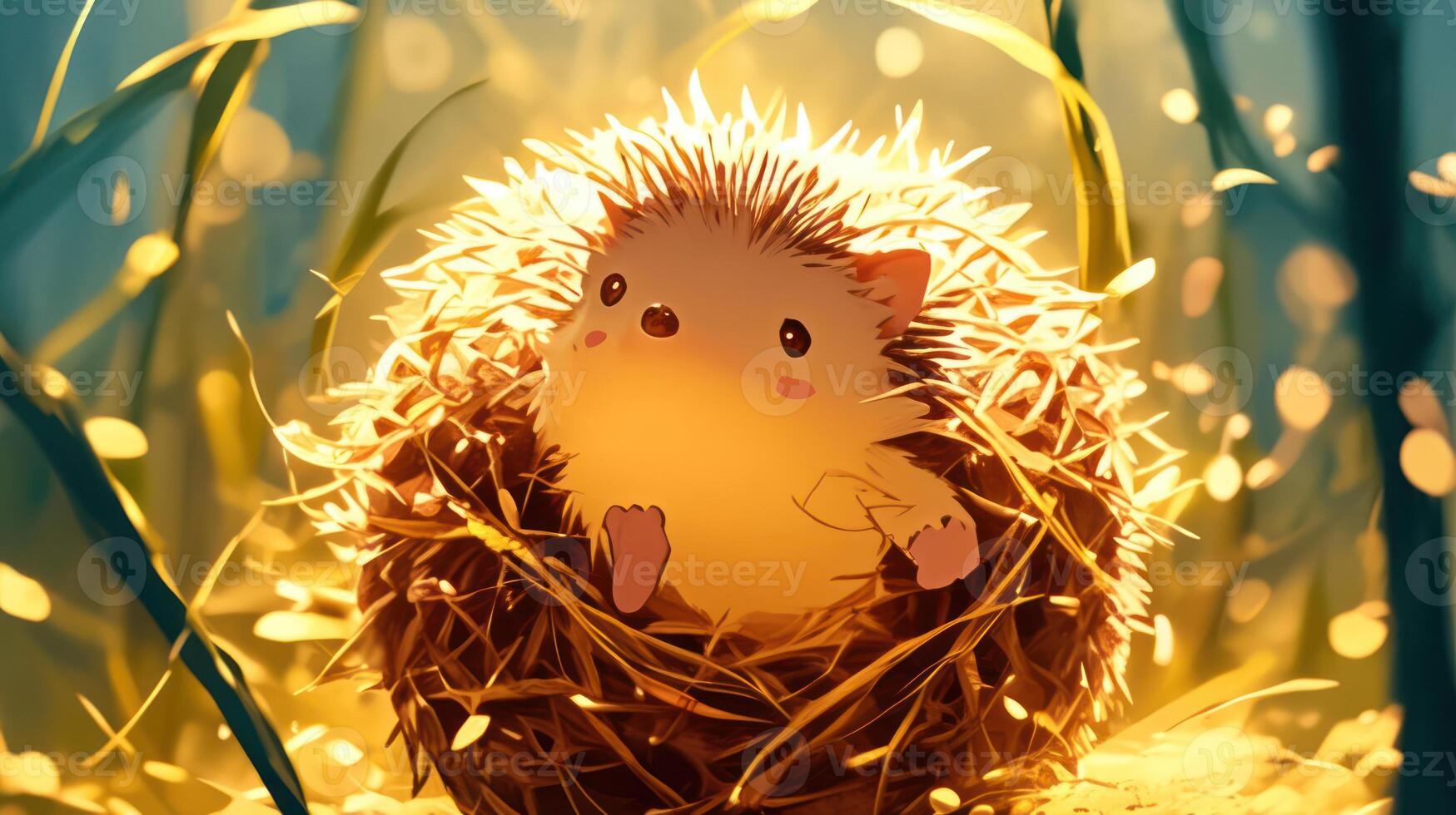 Adorable cartoon hedgehog nestled in a cozy nest surrounded by glowing foliage in a serene forest photo