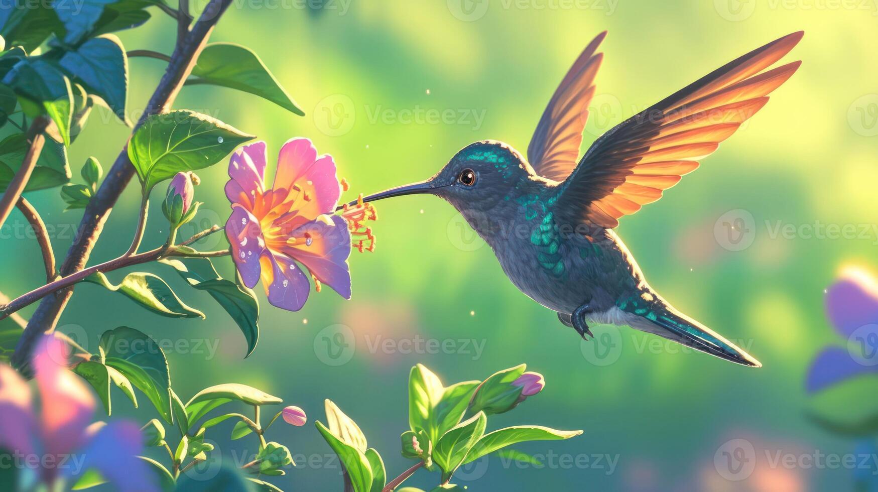 A vibrant hummingbird hovering near a blooming flower in a lush garden with soft sunlight photo