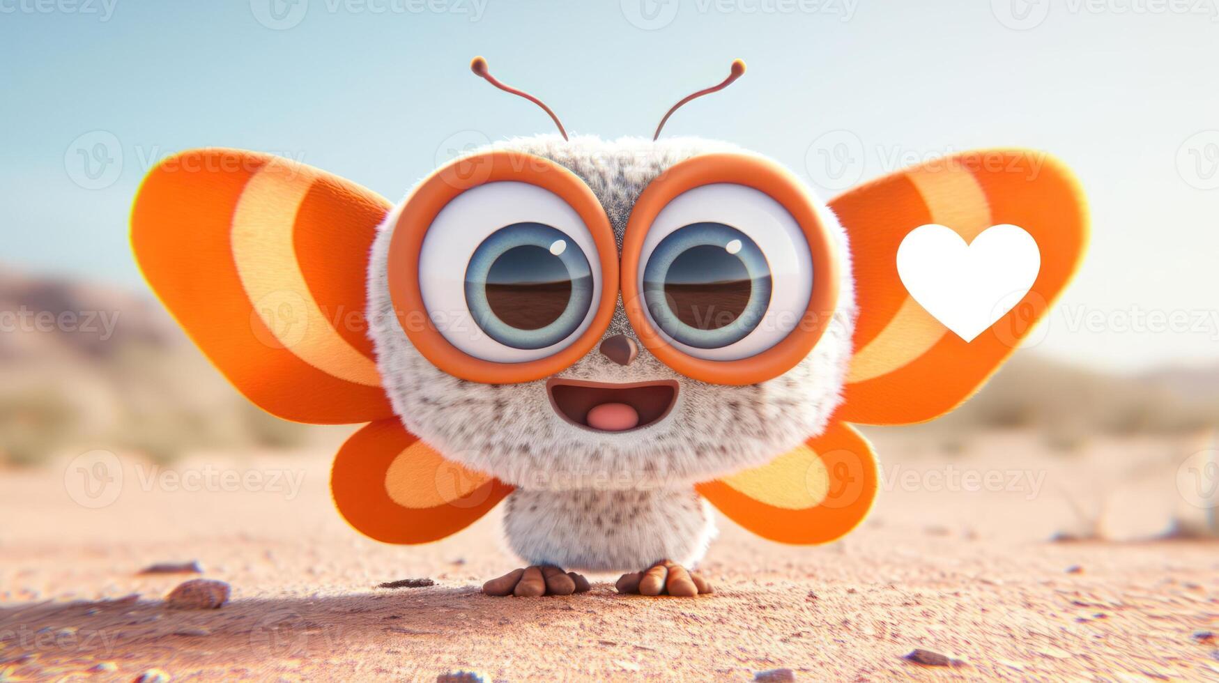 Cute animated butterfly character with large eyes, smiling in a desert landscape at sunset photo