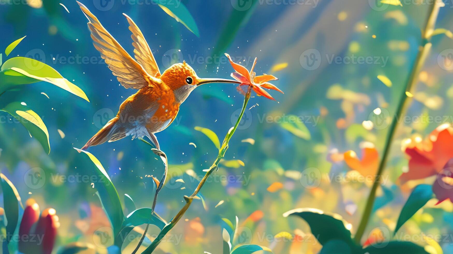 A vibrant hummingbird hovering near a colorful flower in a lush garden filled with sunlight photo