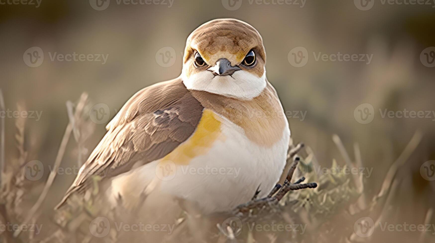Close-up of a bird perched on the ground, surrounded by soft grass, with a blurred natural background photo