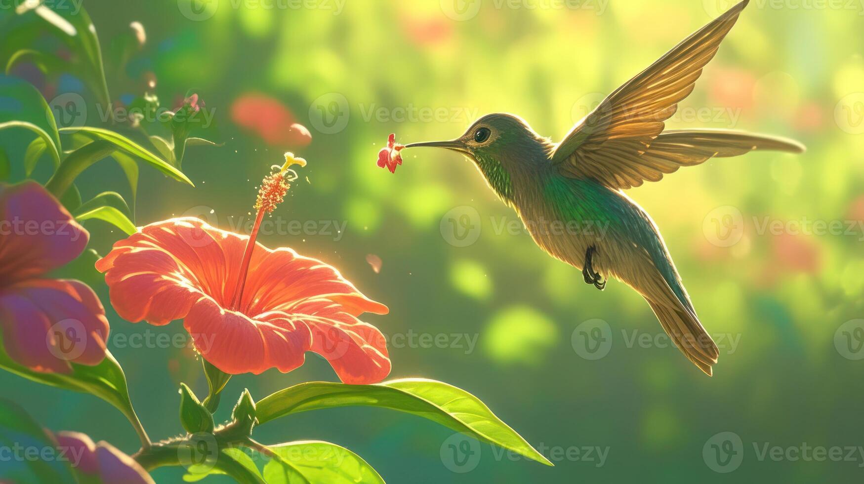 A hummingbird hovering near a vibrant hibiscus flower in a lush garden setting photo