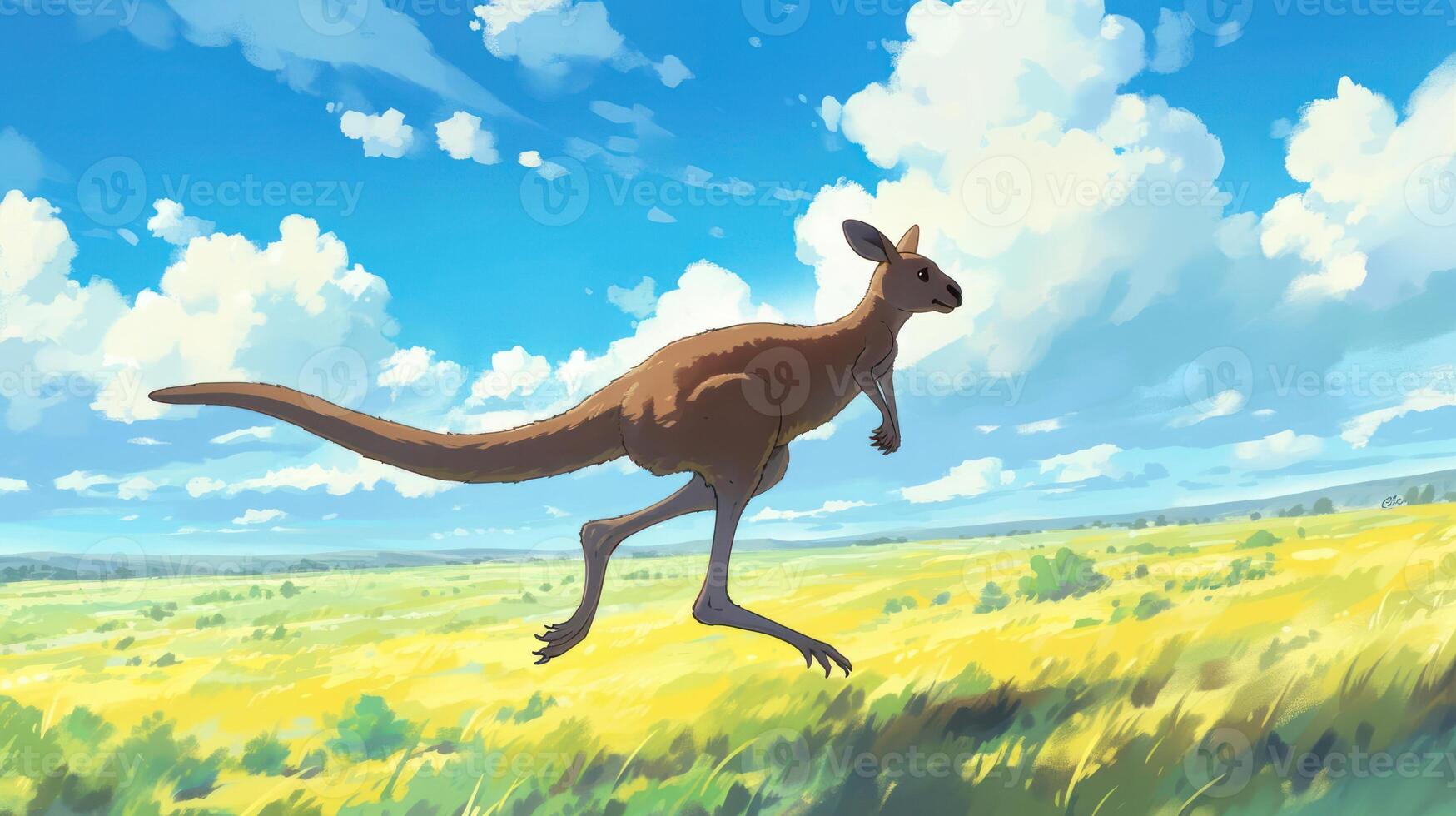 A kangaroo gracefully leaps across a vibrant yellow field under a bright blue sky photo