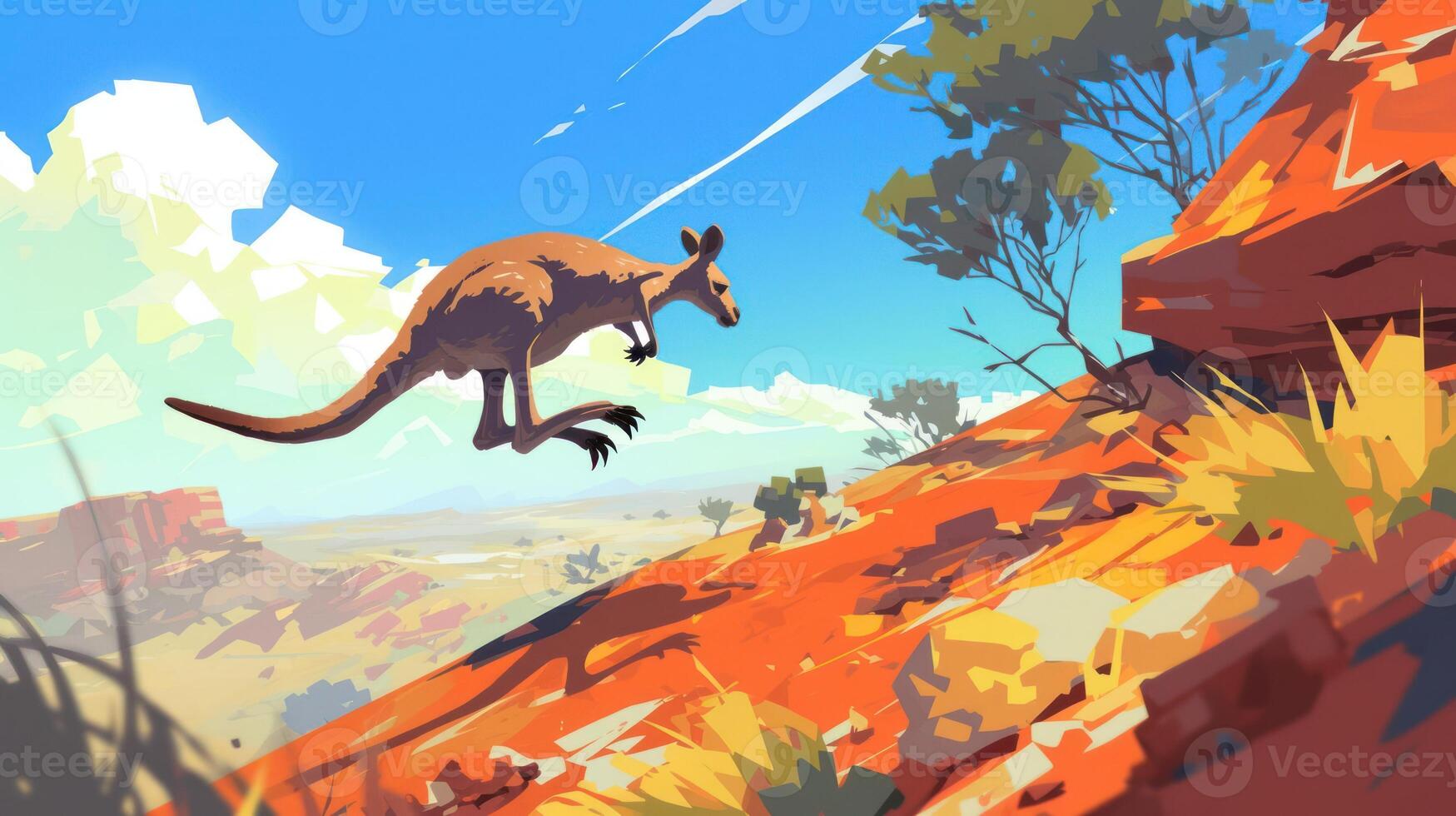 Kangaroo leaping across vibrant red rock landscape under a clear blue sky in Australia photo