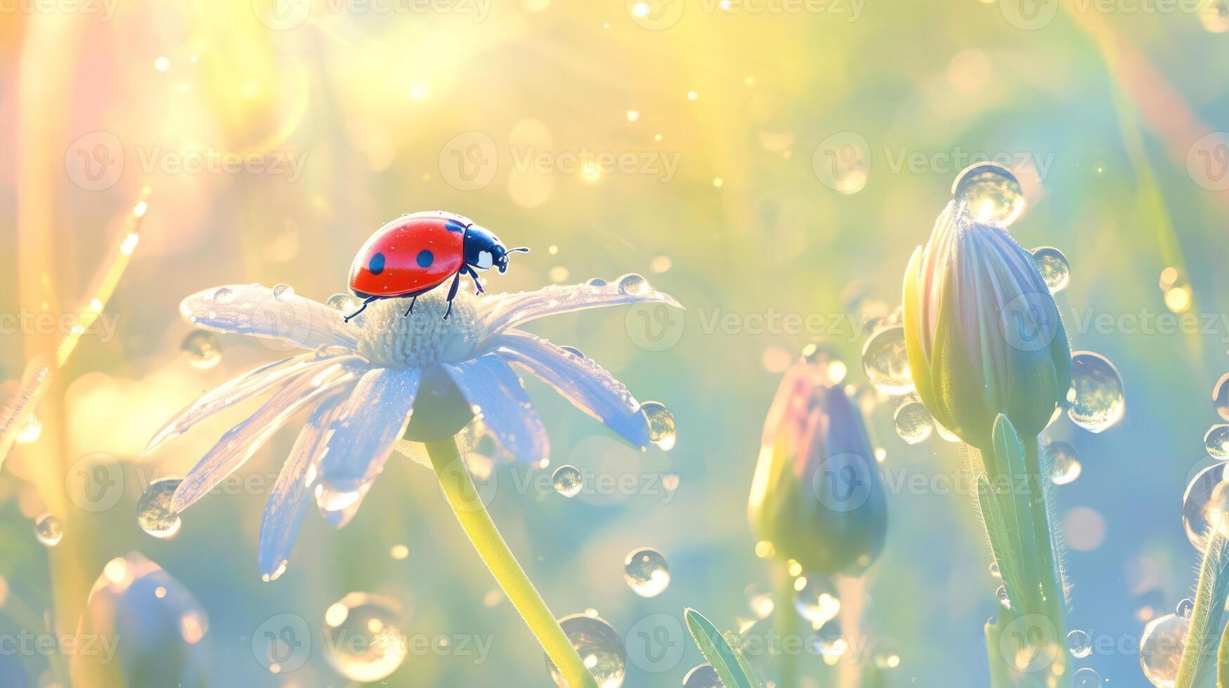 A vibrant ladybug perched on a daisy surrounded by dew in a sunlit meadow photo