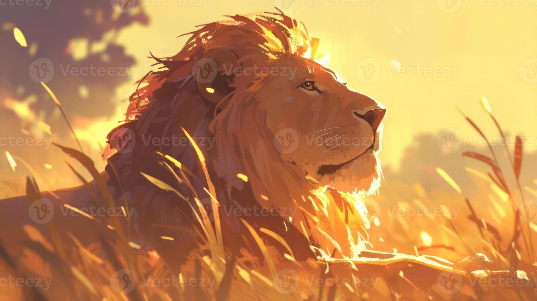 Majestic lion basking in golden sunlight amidst tall grass in a serene savanna landscape photo
