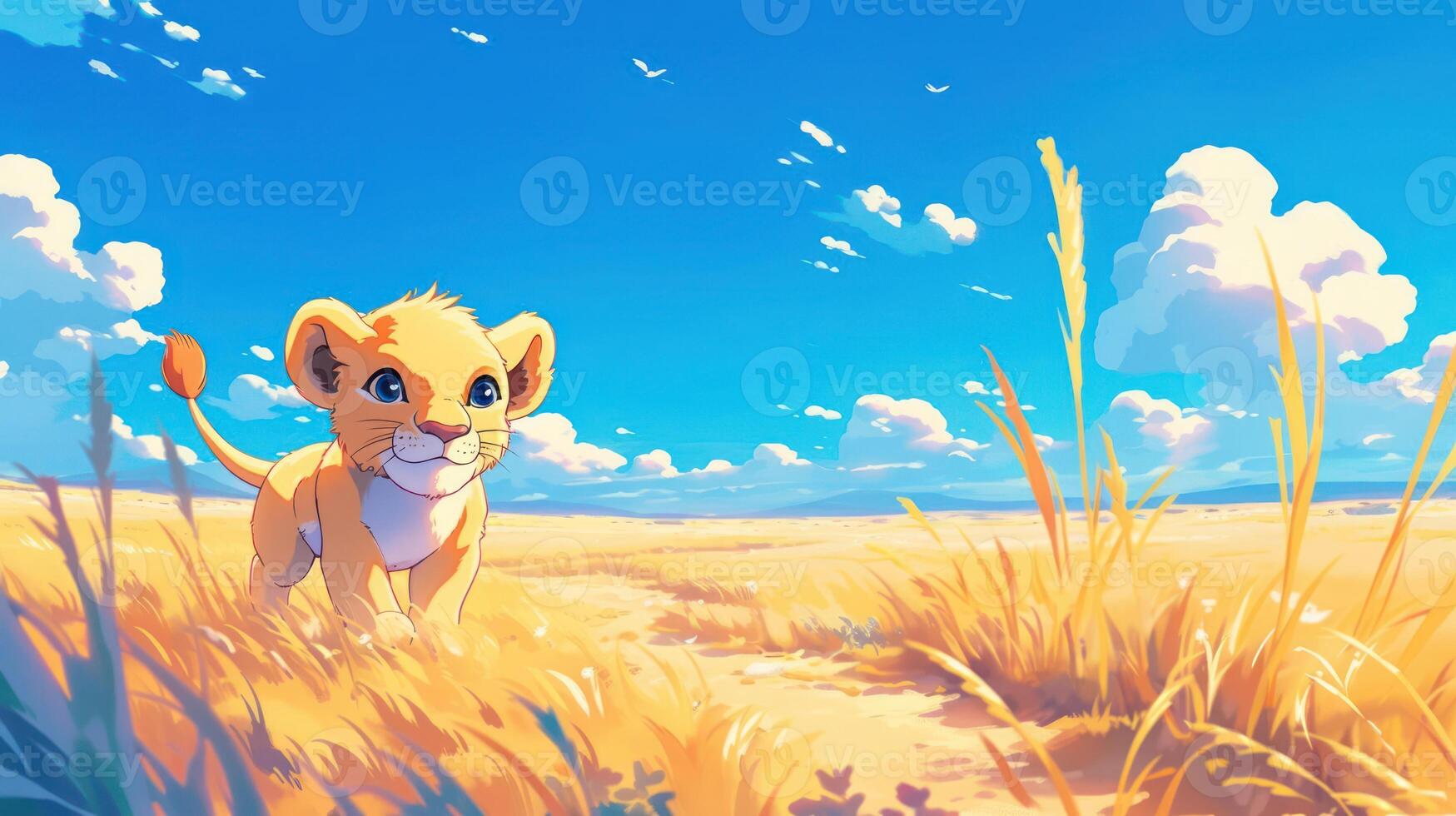 Young lion cub exploring a sunlit savanna, with vibrant skies and distant clouds, evoking adventure photo