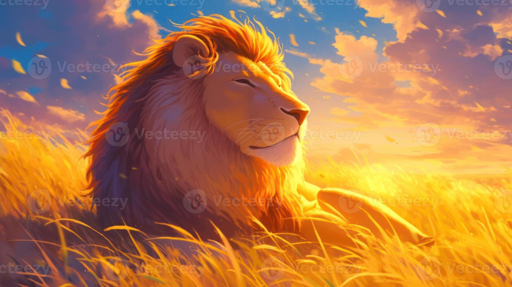 Majestic lion basking in golden sunset on a serene savannah, with vibrant clouds in the background photo