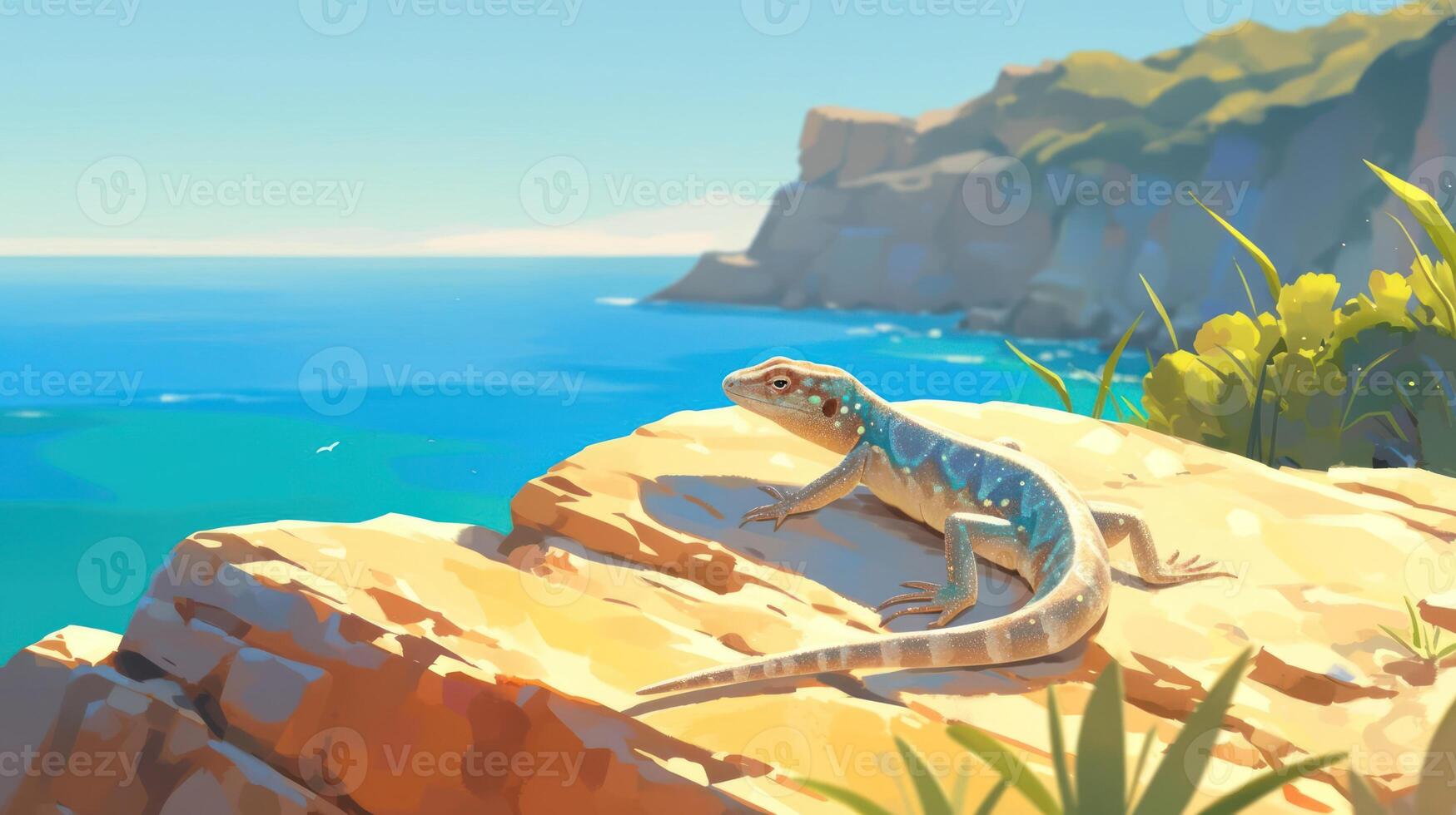 Colorful lizard basking on sunlit rock by the ocean, with cliffs and clear blue water in background photo