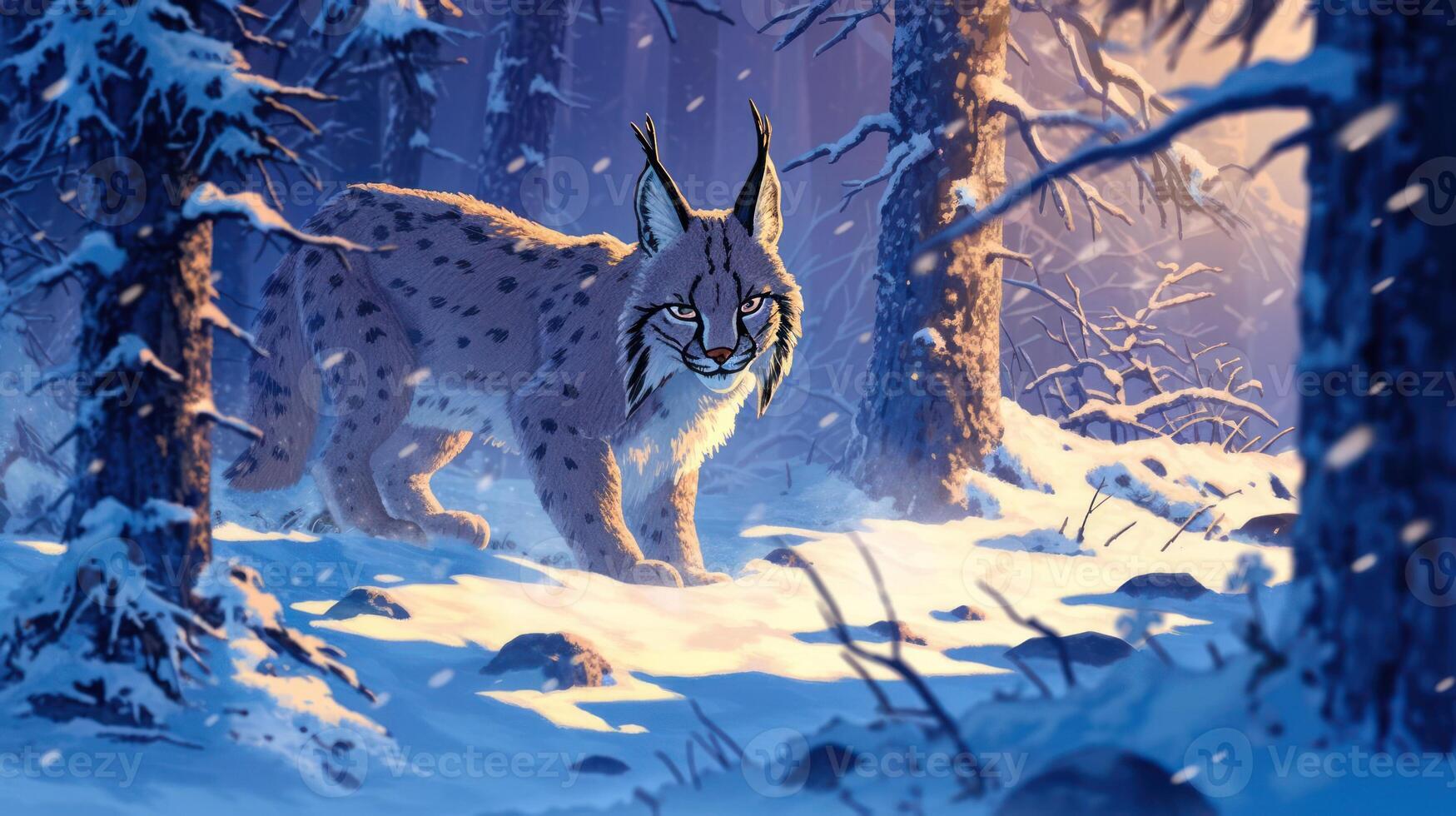 Majestic lynx prowling through a snowy forest, illuminated by soft sunlight filtering through trees photo