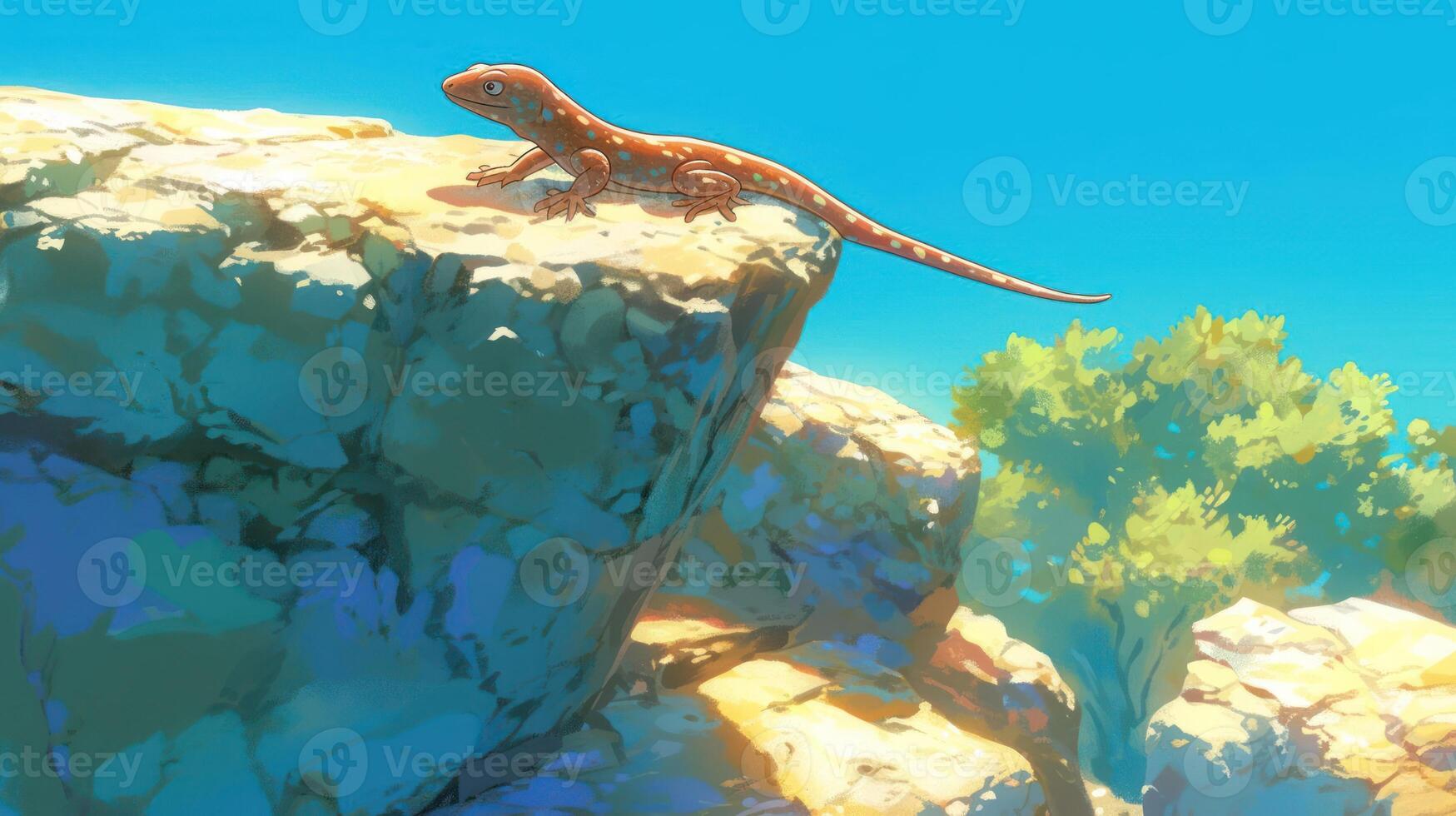 Vibrant lizard perched on a sunlit rock, surrounded by clear blue sky and lush greenery photo