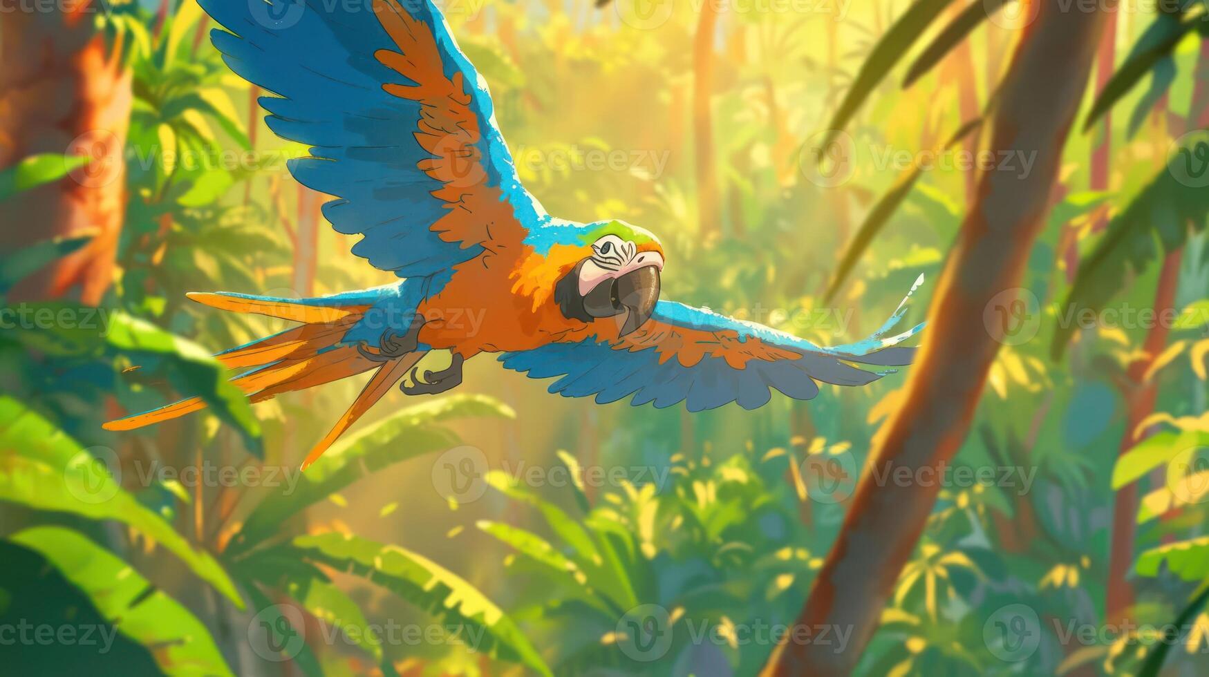 Vibrant macaw soaring through lush tropical jungle with sunlight filtering through trees photo