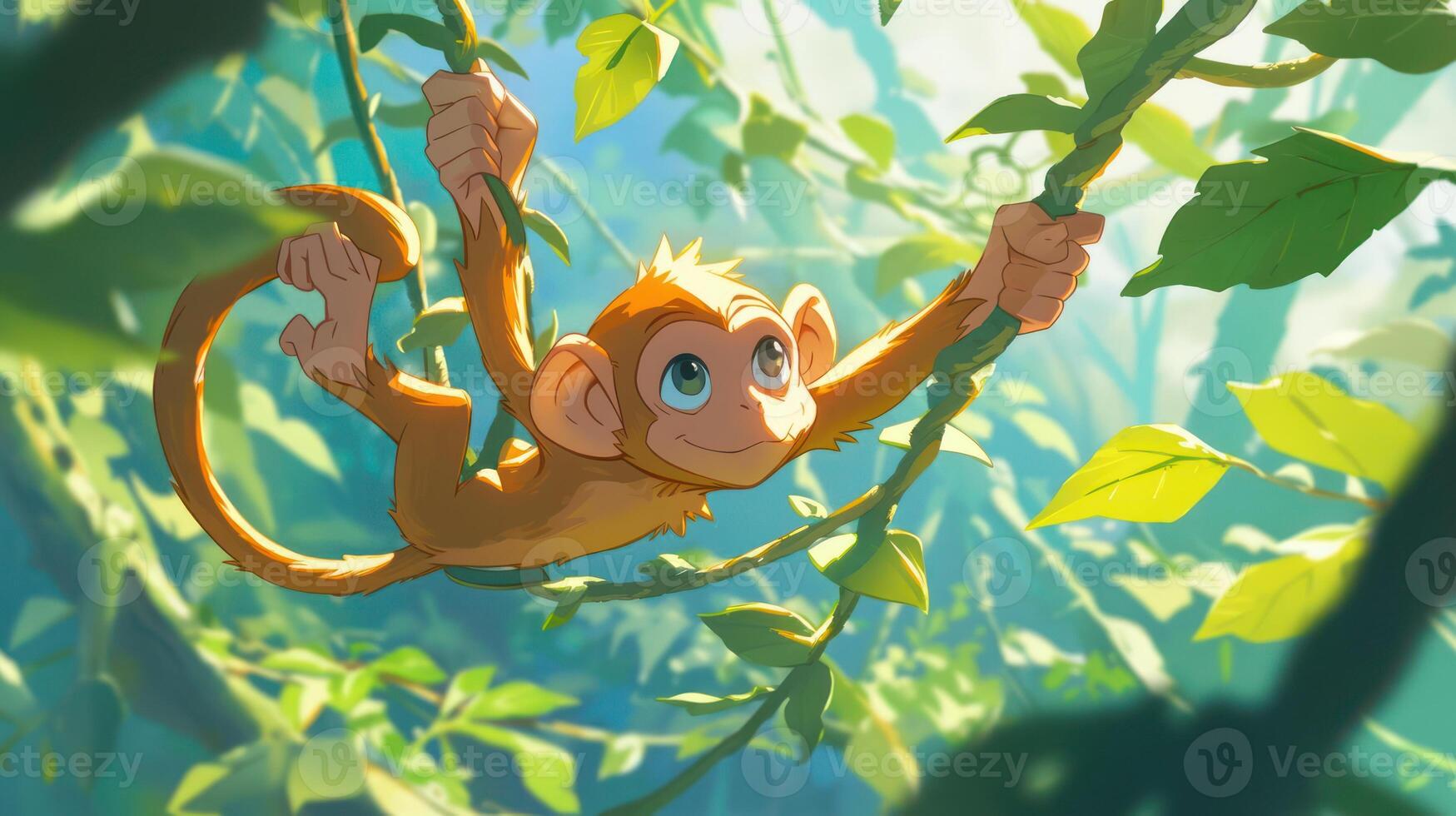 Playful monkey swinging through lush jungle vines with sunlight filtering through leaves photo