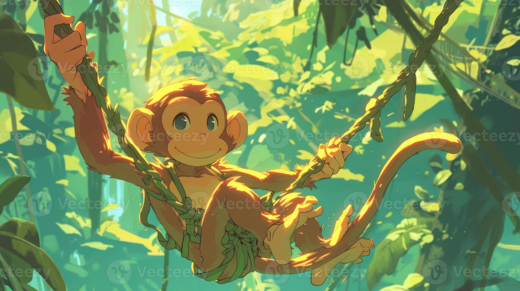 Playful monkey swinging on a vine in a vibrant jungle, surrounded by lush greenery and sunlight photo