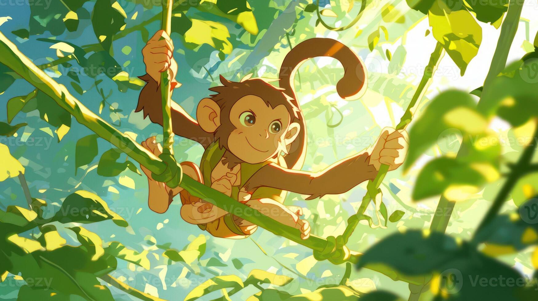 Playful monkey swinging through lush jungle greenery, sunlight filtering through leaves photo