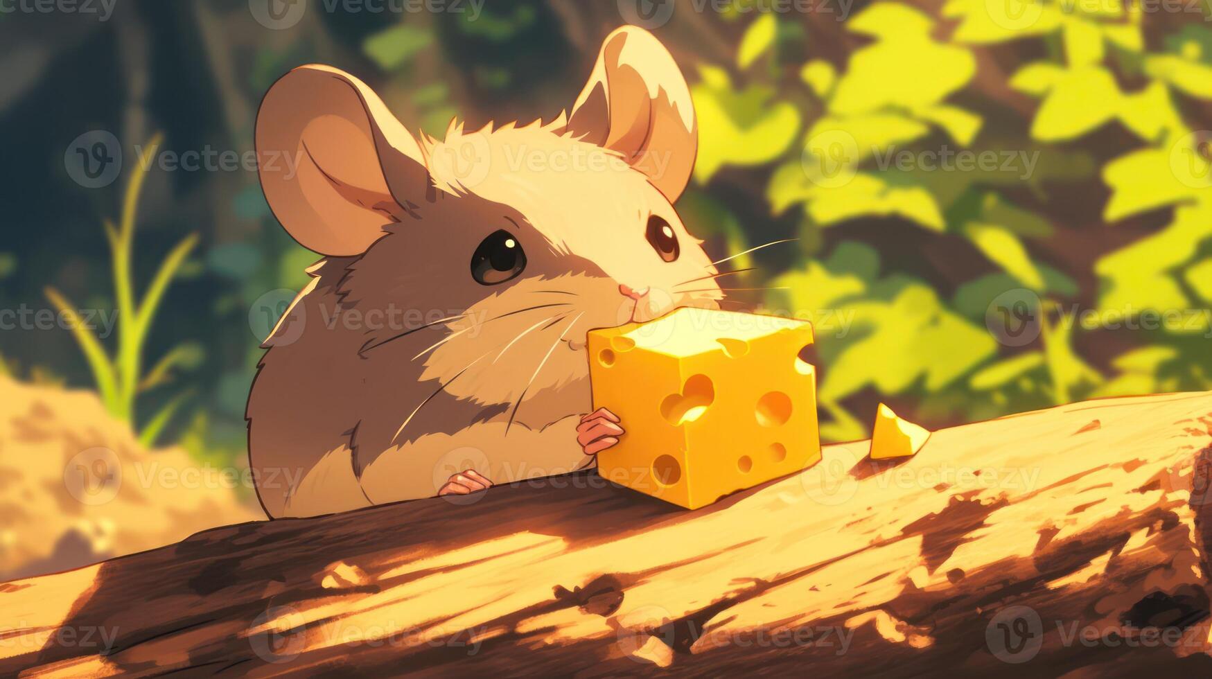 Cute animated mouse enjoying a piece of cheese on a log in a sunlit forest setting photo