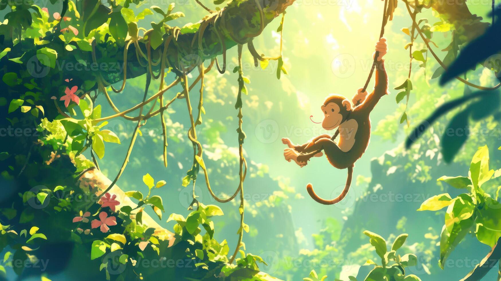 Playful monkey swinging on a vine amidst lush greenery in a vibrant jungle setting photo