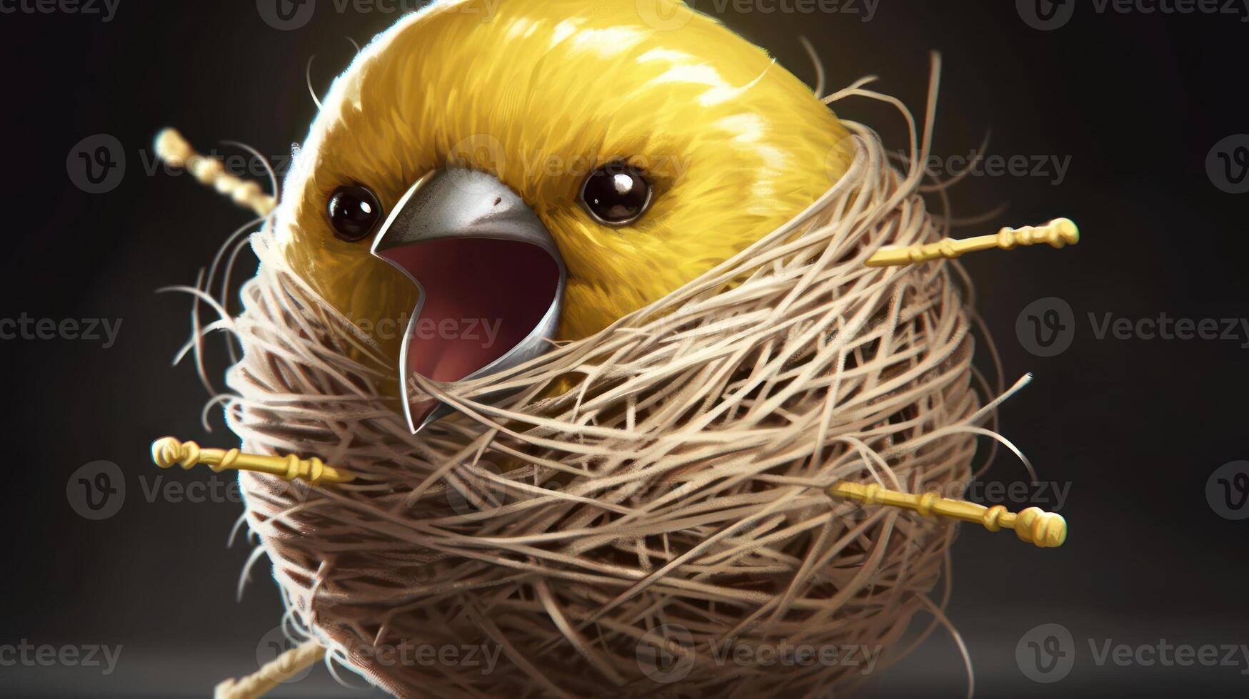 A vibrant yellow bird emerging from a cozy nest, surrounded by soft natural lighting and shadows photo
