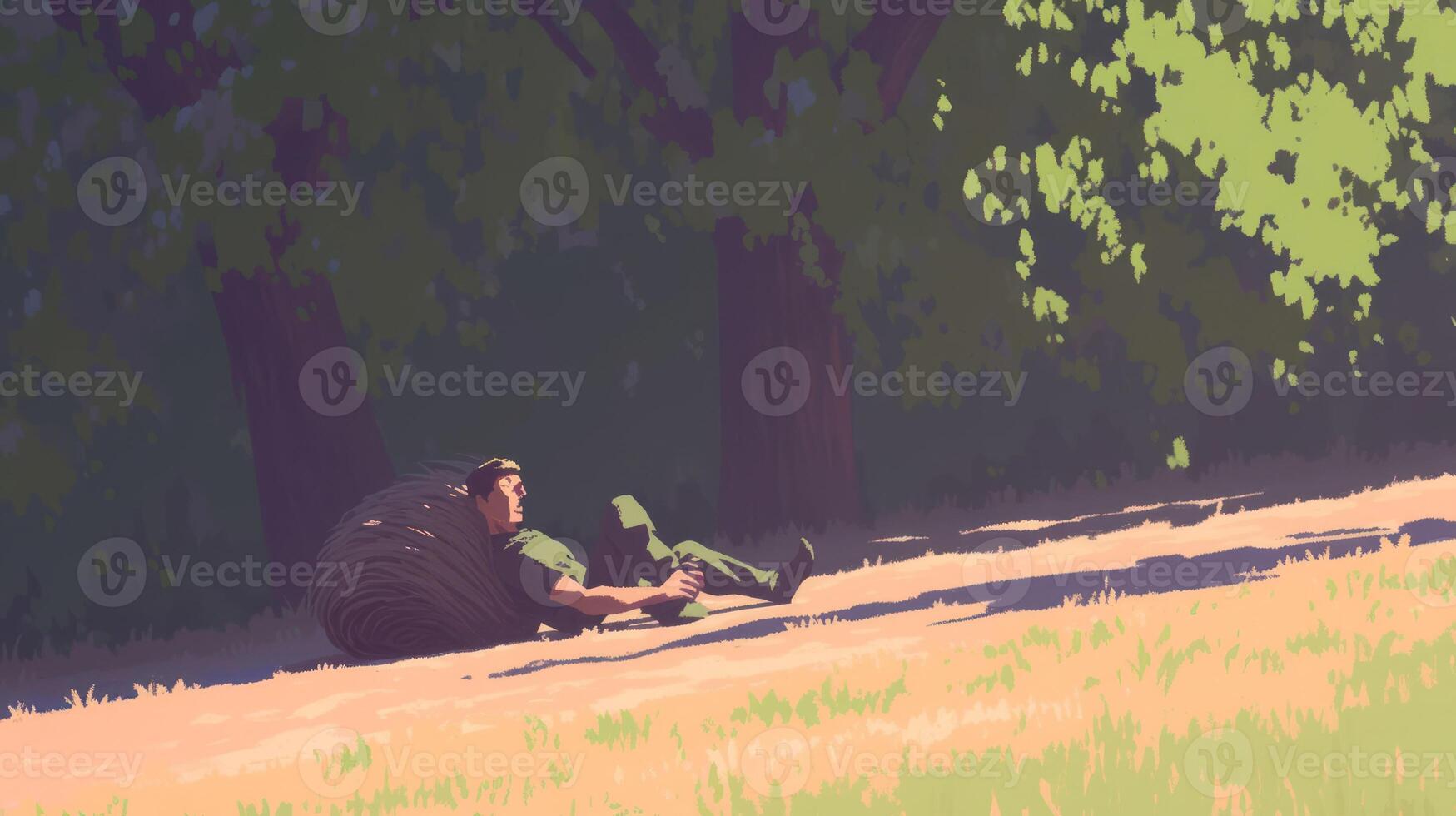 A man resting on a grassy field under trees, enjoying nature and tranquility in a serene setting photo