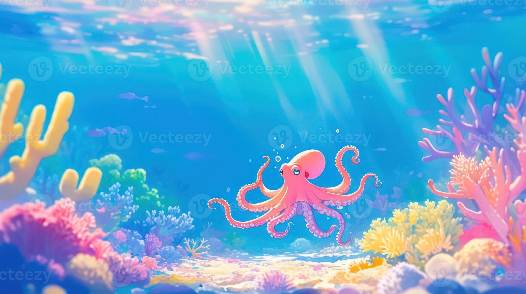 Colorful underwater scene featuring a playful octopus surrounded by vibrant coral reefs photo