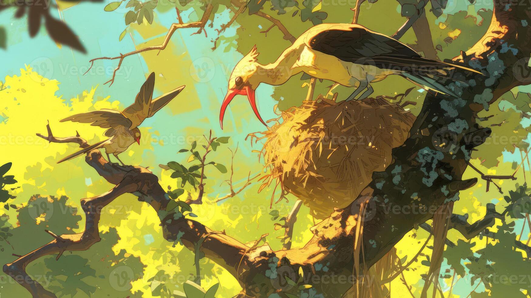 Two birds interacting in a vibrant tree setting, showcasing nature's beauty and harmony photo
